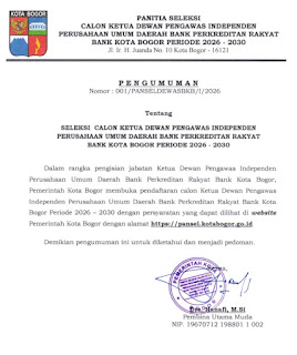 Pendaftaran Calon Ketua Dewas BPR Bank Kota Bogor Dibuka Hari Ini