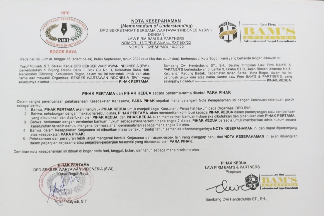SWI Bogor Raya Sepakat Mengangkat Bam's & Partner Sebagai Kuasa Hukum