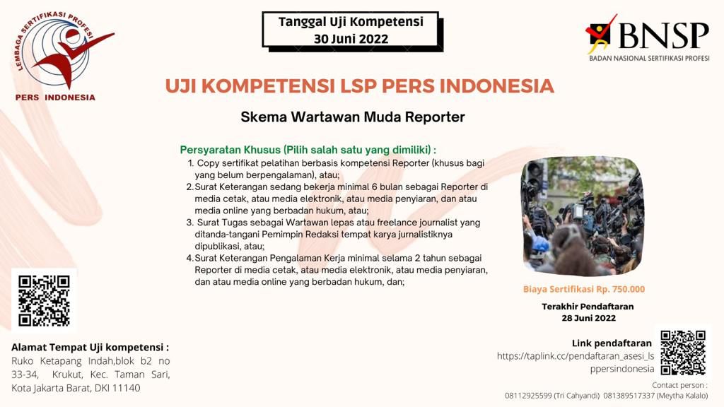 LSP Pers Indonesia Buka Pendaftaran SKW di 5 Daerah