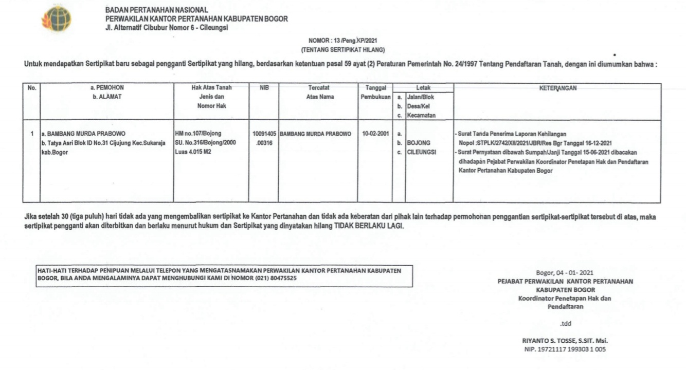 Telah Hilang Sertifikat Hak Milik !