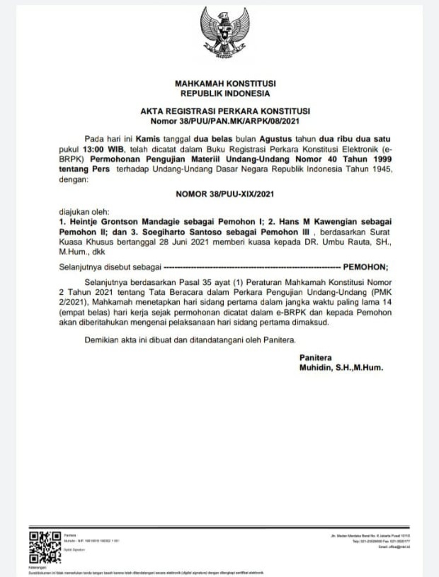 Uji Materi UU Pers di MK Segera di Sidangkan